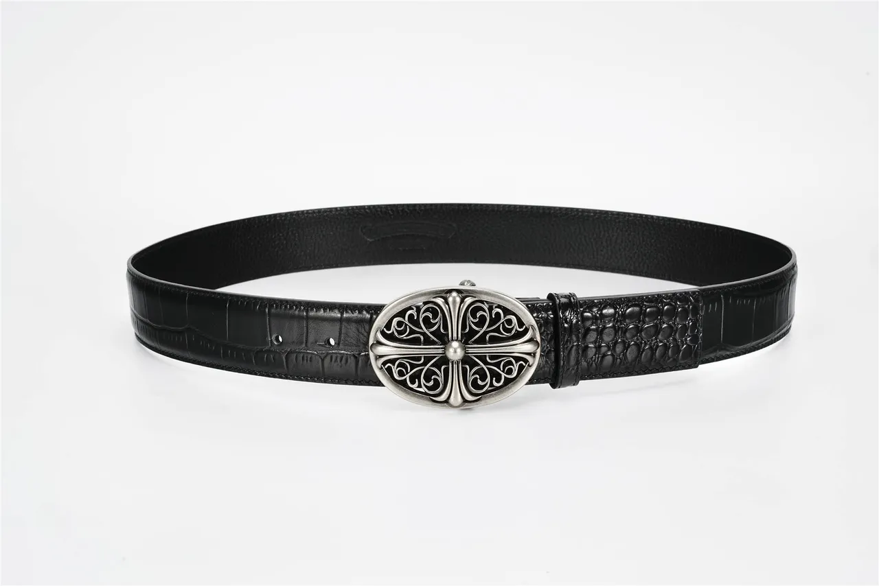 Chrome Hearts Oval Cross Filigree Black Crocodile Leather Belt 8