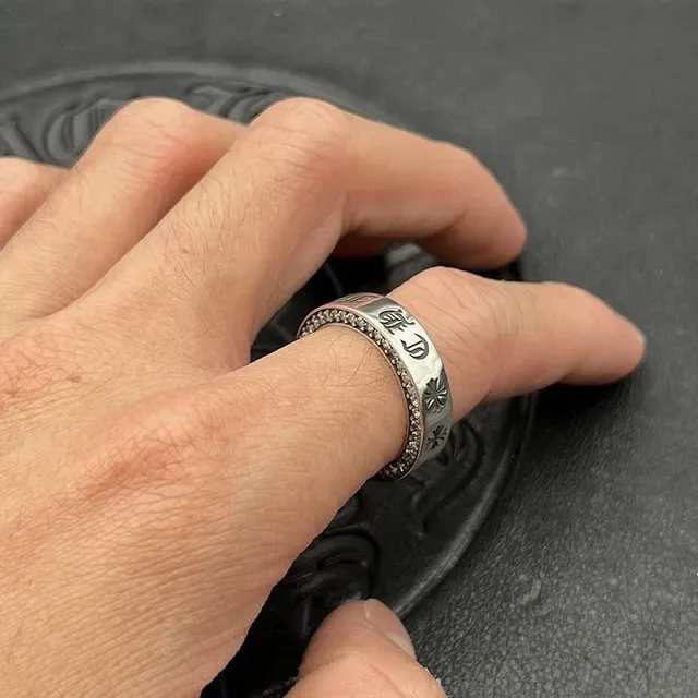 Chrome Hearts Silver Wide Band Pavé-Set Stones Ring 2