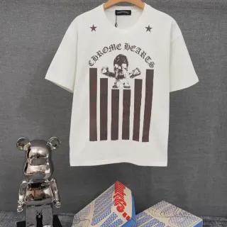 Chrome Hearts स्कल और बार्स ग्राफिक ऑफ-व्हाइट टी-शर्ट