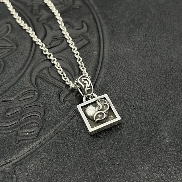 Chrome Hearts Square Pendant Silver Black Bezel Pendants Ornate Scroll Bails Necklace 7