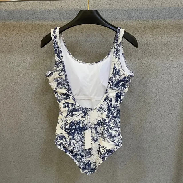 Christian Dior White Blue Toile-Print High-Cut Swimwear 3