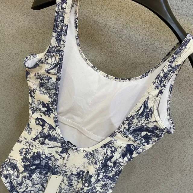 Christian Dior White Blue Toile-Print High-Cut Swimwear 4