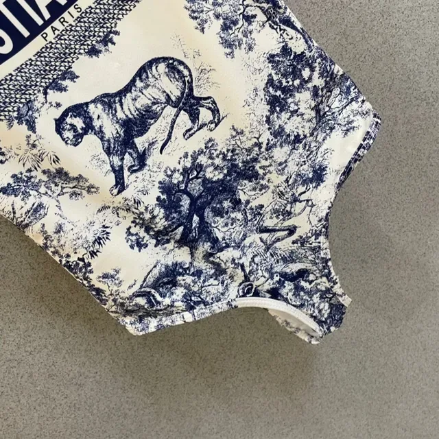 Christian Dior White Blue Toile-Print High-Cut Swimwear 5