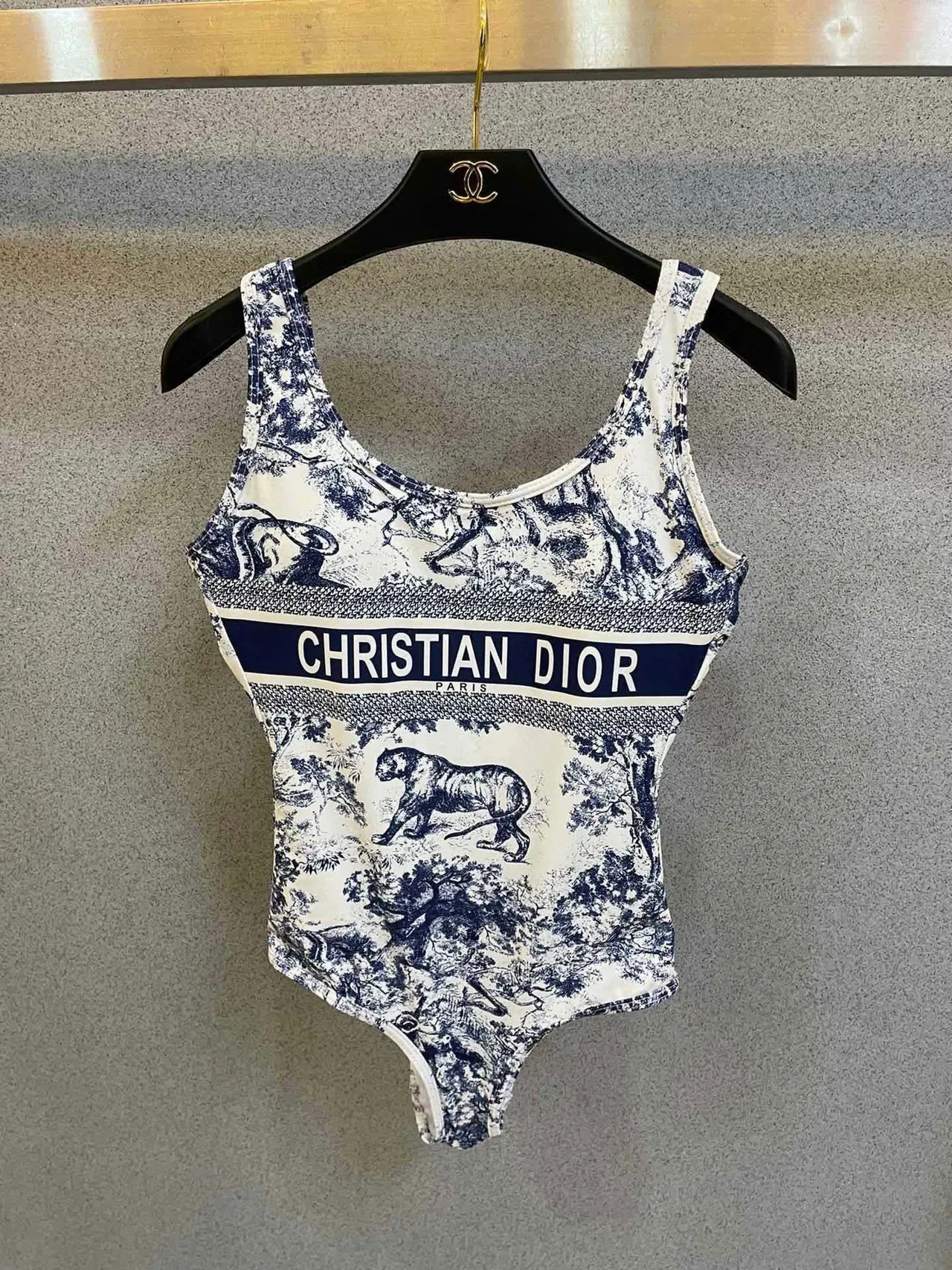Christian Dior White Blue Toile-Print High-Cut Swimwear 6