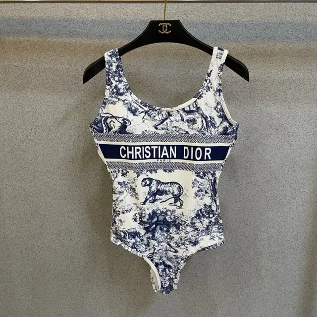 Christian Dior White Blue Toile-Print High-Cut Swimwear 7
