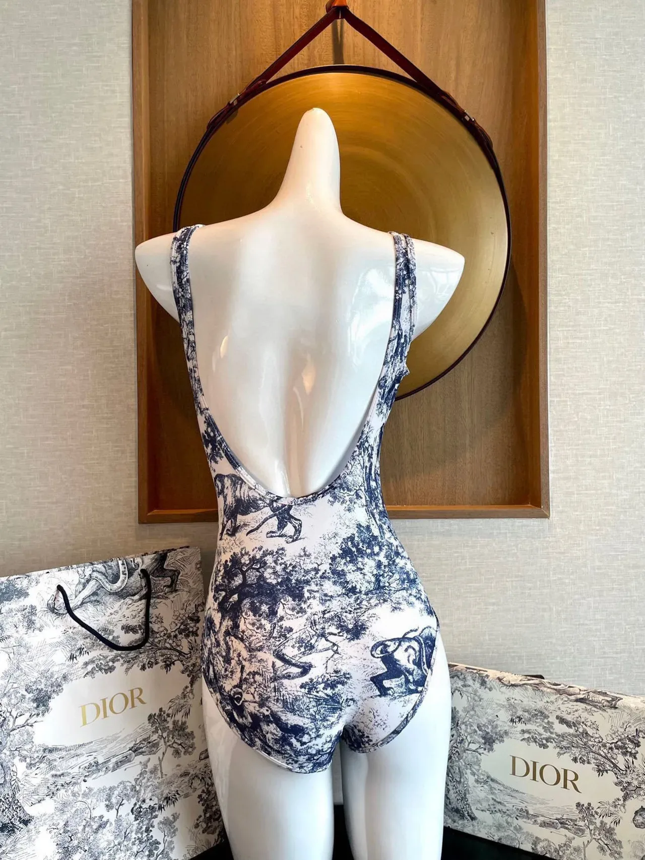 Christian Dior White Blue Toile-Print High-Cut Swimwear 8