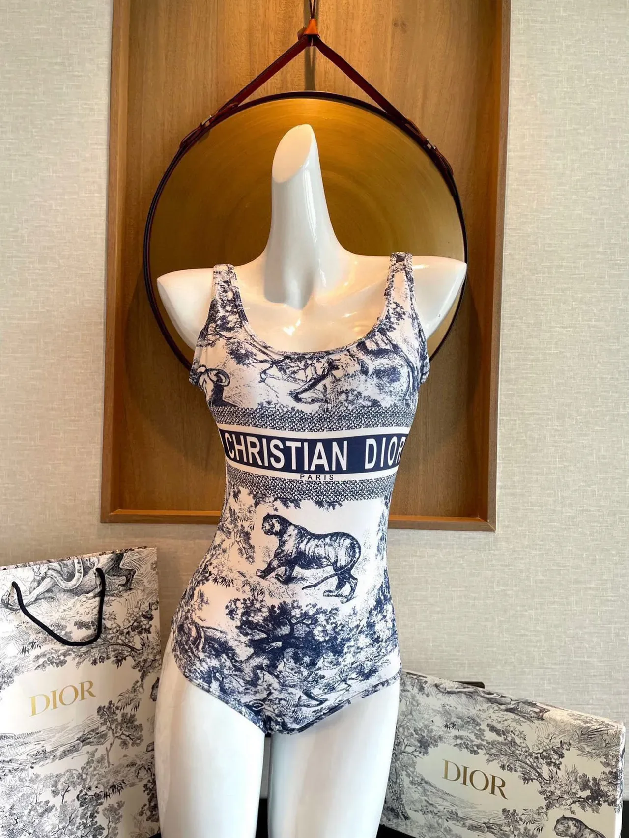 Christian Dior White Blue Toile-Print High-Cut Swimwear 9