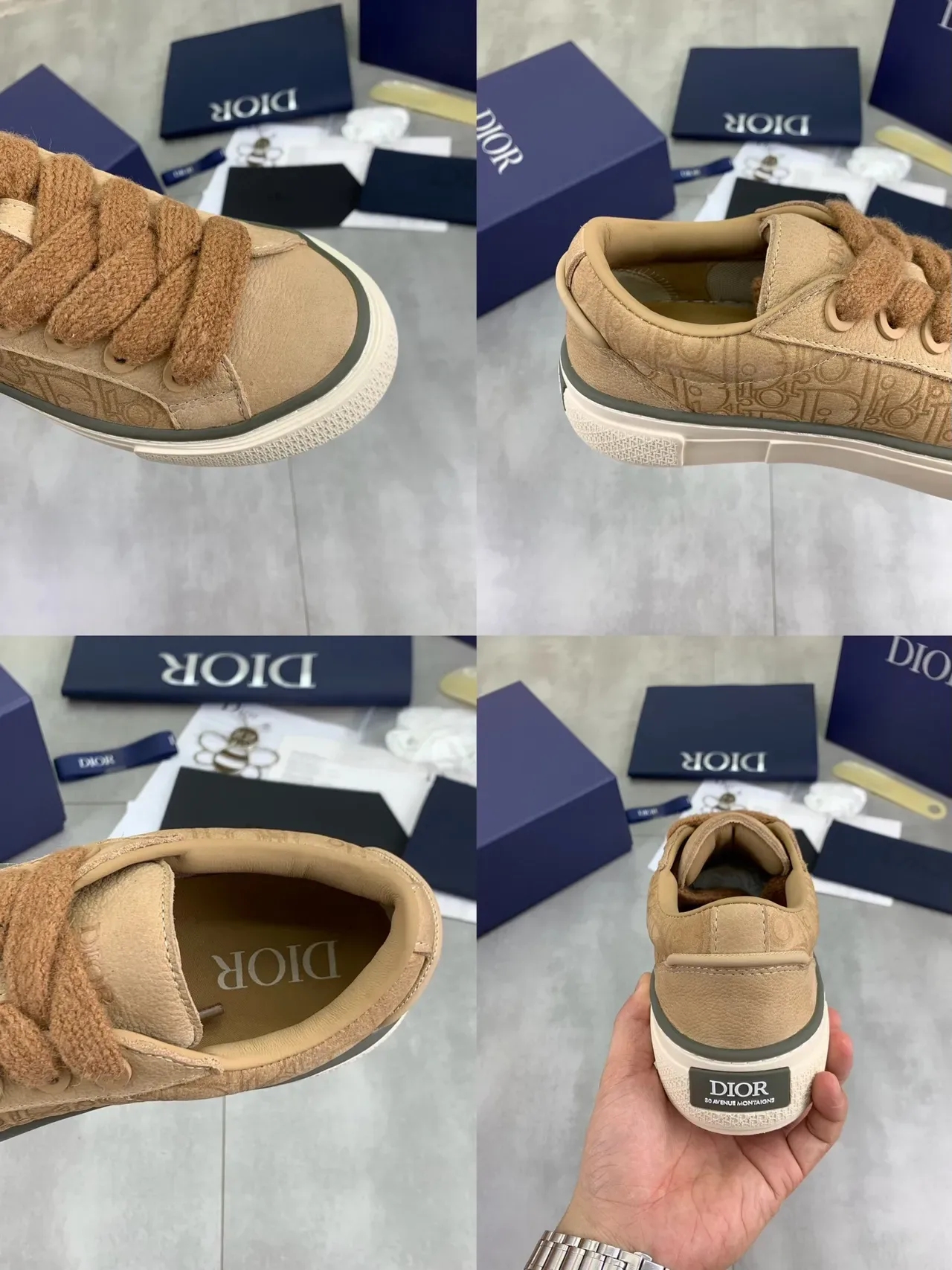 Dior Tênis Lifestyle Bege Marrom Monogramados Parte Superior Cadarços Estilo Cordo Tricotado 2