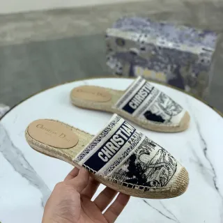 Dior Beige Navy Espadrille Sole Woven Jacquard Strap Casual Shoes