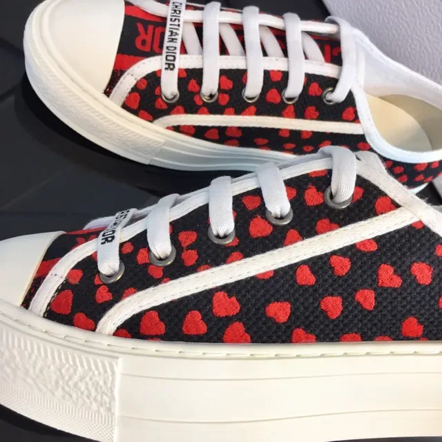 Dior Black Red Heart-Print Canvas White Platform Sole Sneakers 4