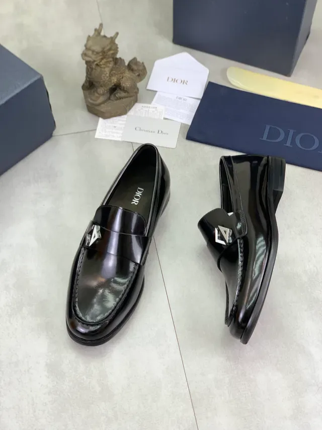 Dior Black Silver Patent Leather Metal Buckle Loafer 4