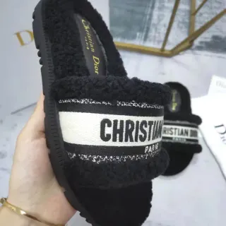 Dior أحذية منزلية سوداء بيضاء مبطنة بشرلينج حزام عريض مارك
