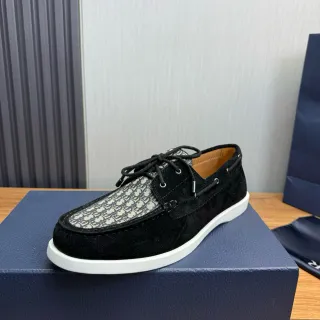 Dior Black White Suede Oblique Monogram Panel Boat Shoes