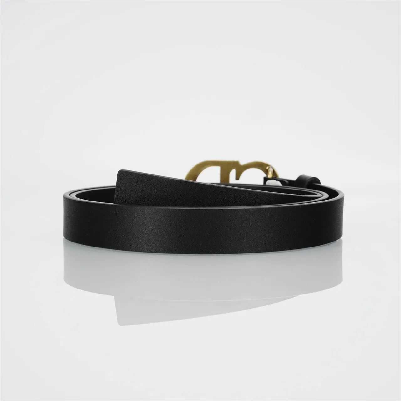 Dior CD Belt Black Gold Slim-Profile Monogram Buckle Leather Belt 4
