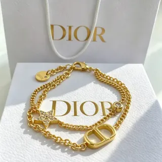 Dior CD Icon Gold Silver Double-Chain Pavé-Star Charm Bracelet
