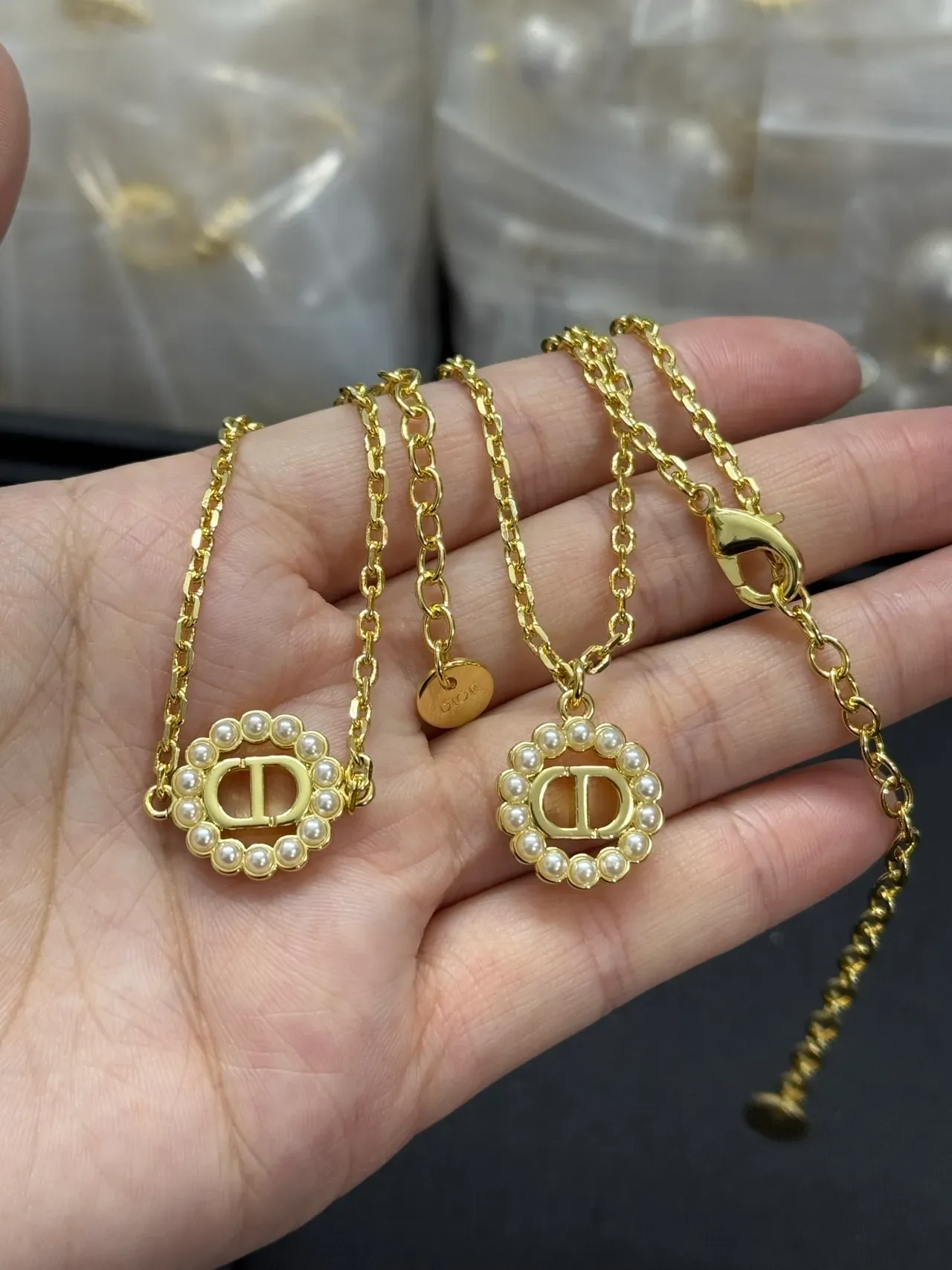 Dior CD Logo Pearl Collection Gold White Chain Medallion Necklace 2