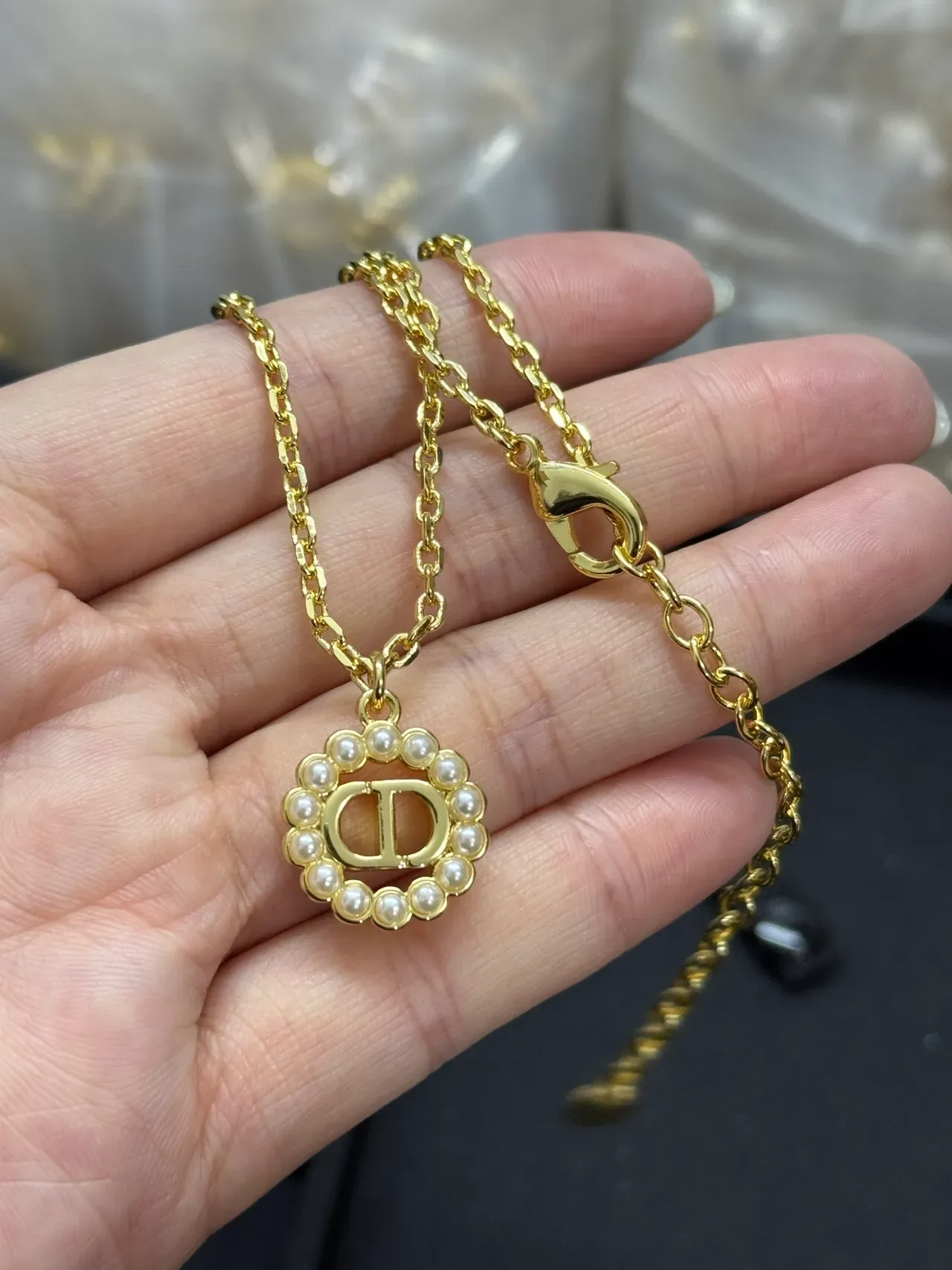 Dior CD Logo Pearl Collection Gold White Chain Medallion Necklace 3