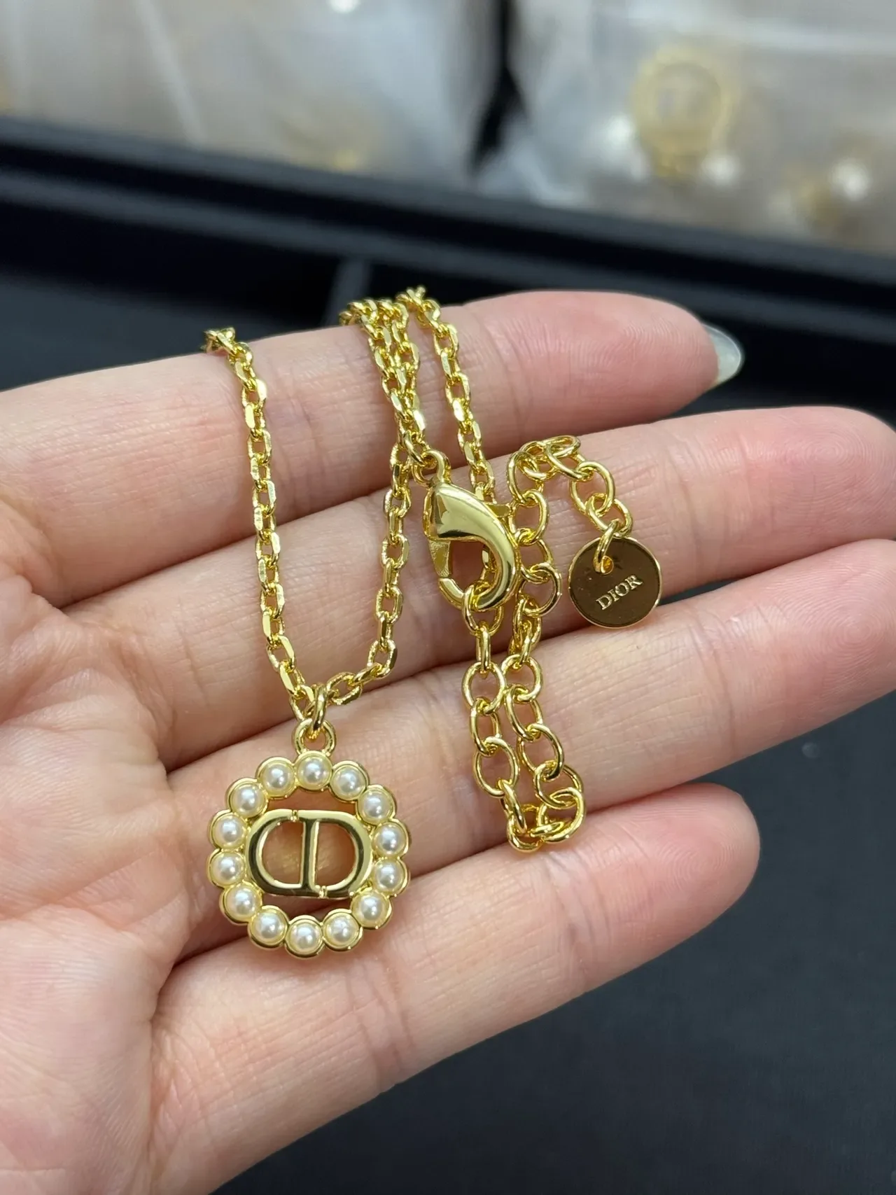 Dior CD Logo Pearl Collection Gold White Chain Medallion Necklace 4