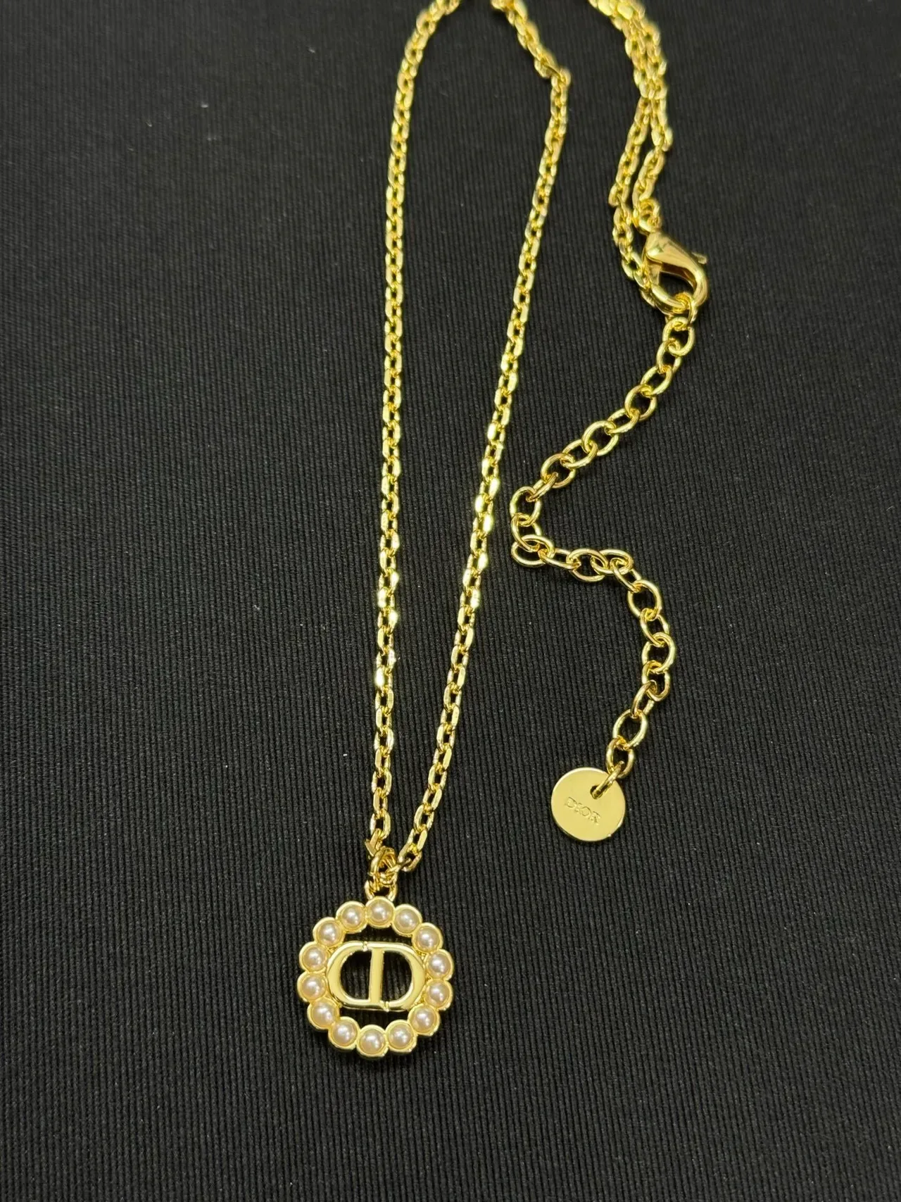 Dior CD Logo Pearl Collection Gold White Chain Medallion Necklace 5