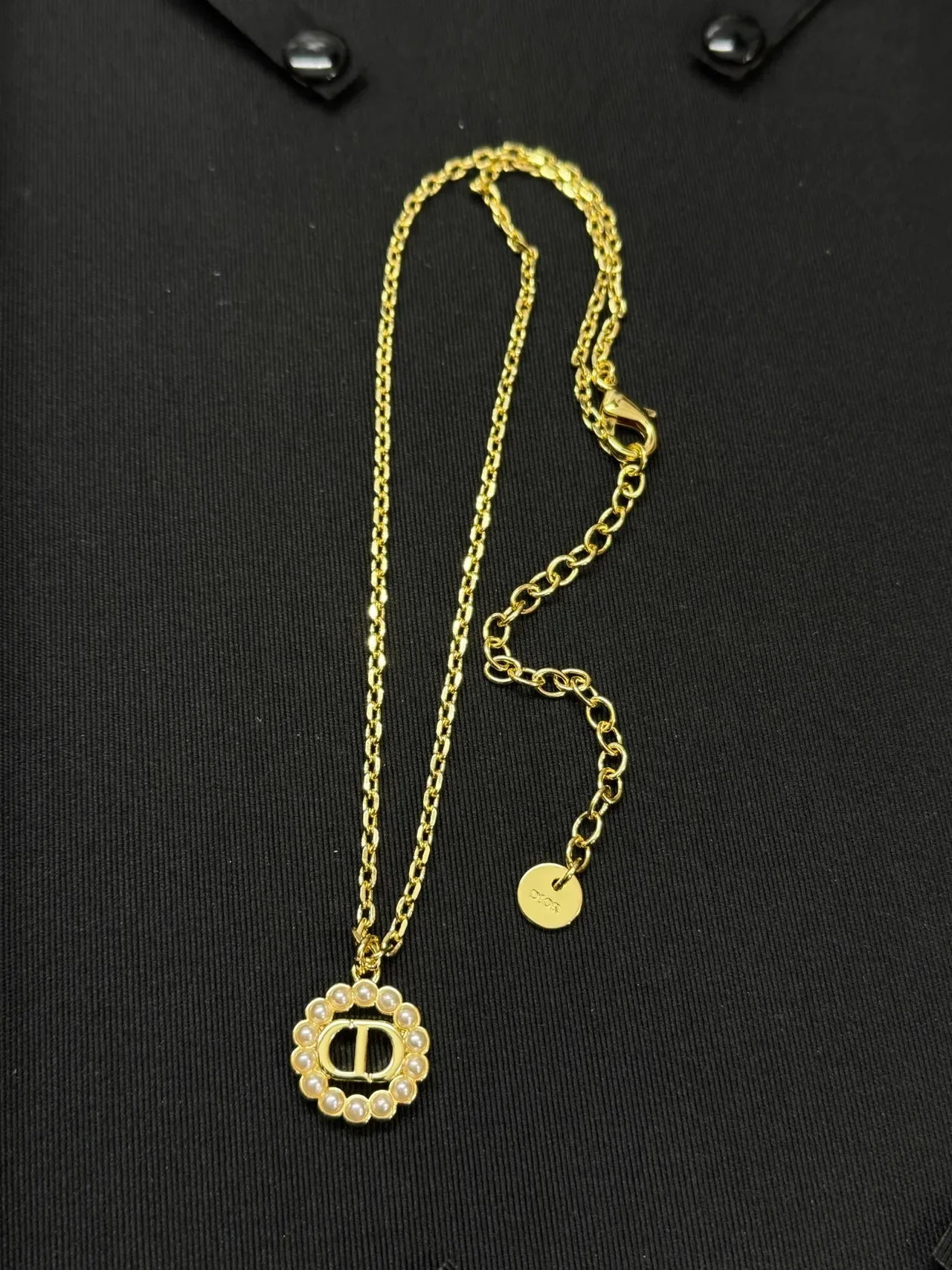 Dior CD Logo Pearl Collection Gold White Chain Medallion Necklace 6