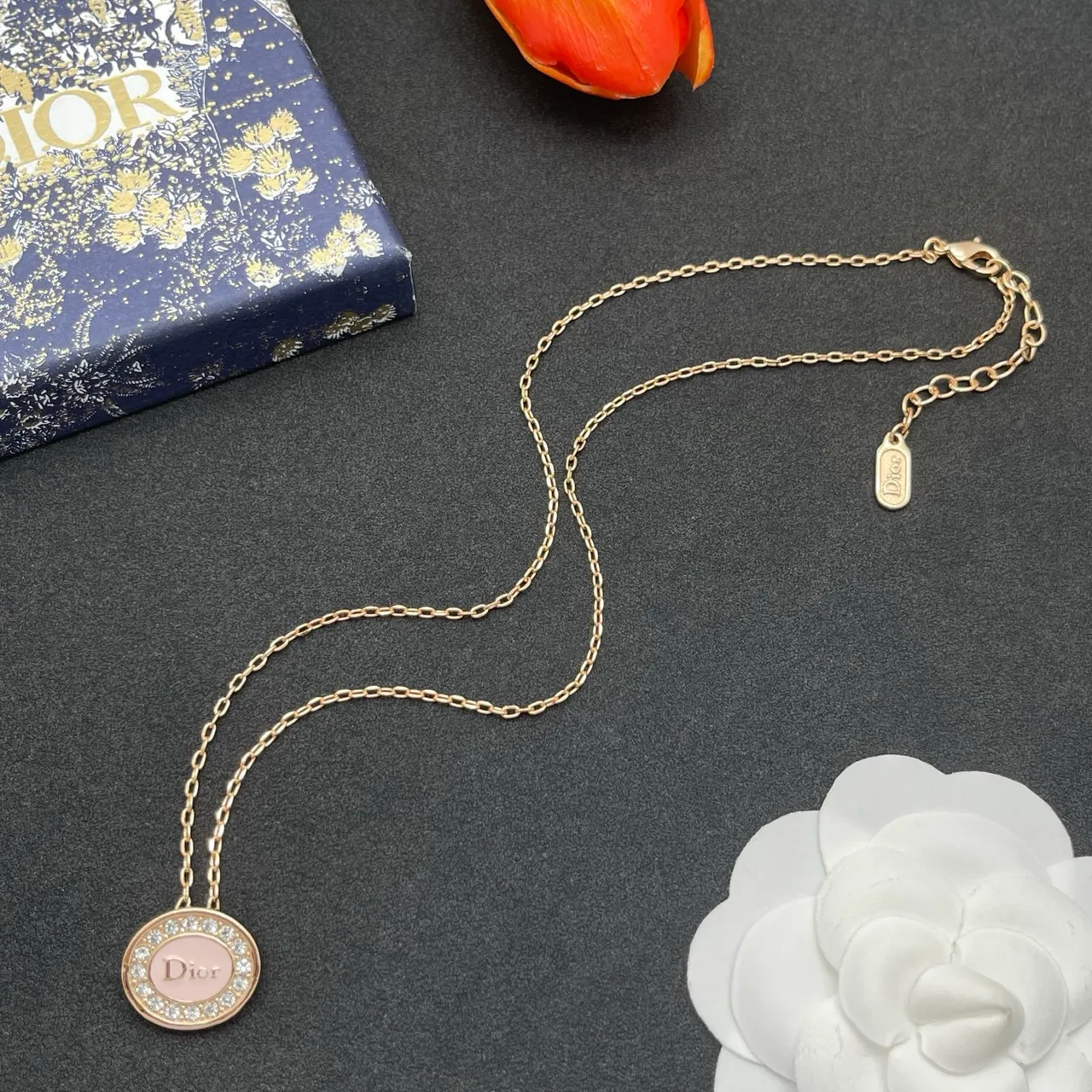 Dior Chaîne Curb Or Rose Pendentif Ovale Collier 8