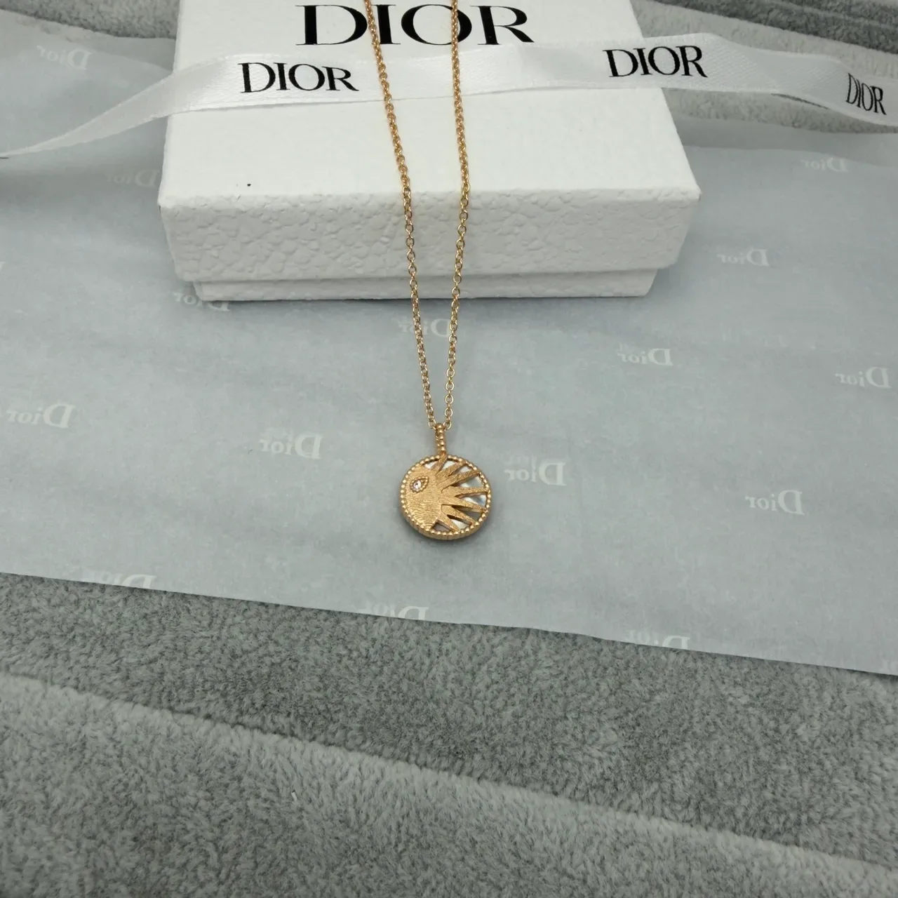 Dior Gold Silver Circular Sun/moon Motif Textured Radial Engraving Necklace 2