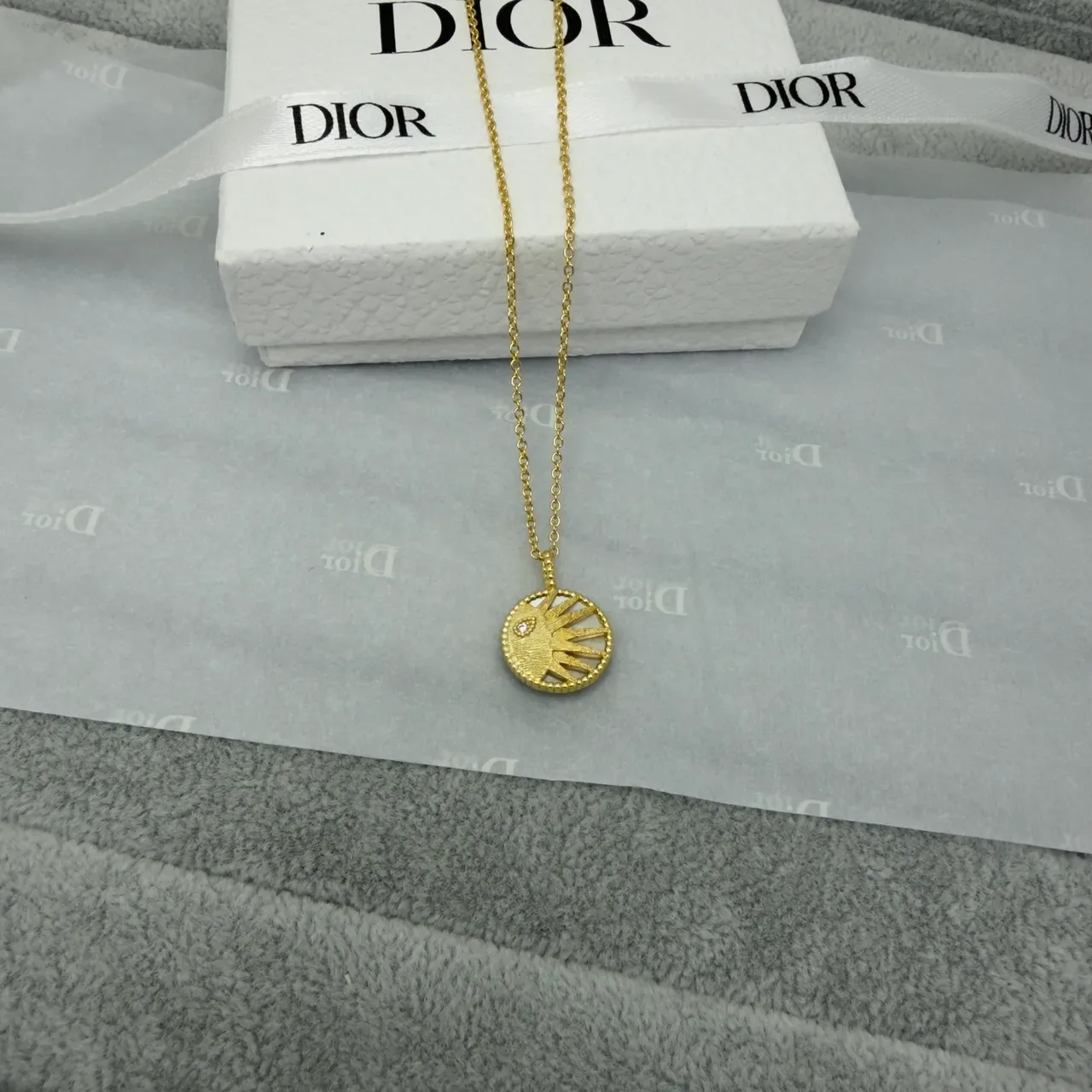 Dior Gold Silver Circular Sun/moon Motif Textured Radial Engraving Necklace 3