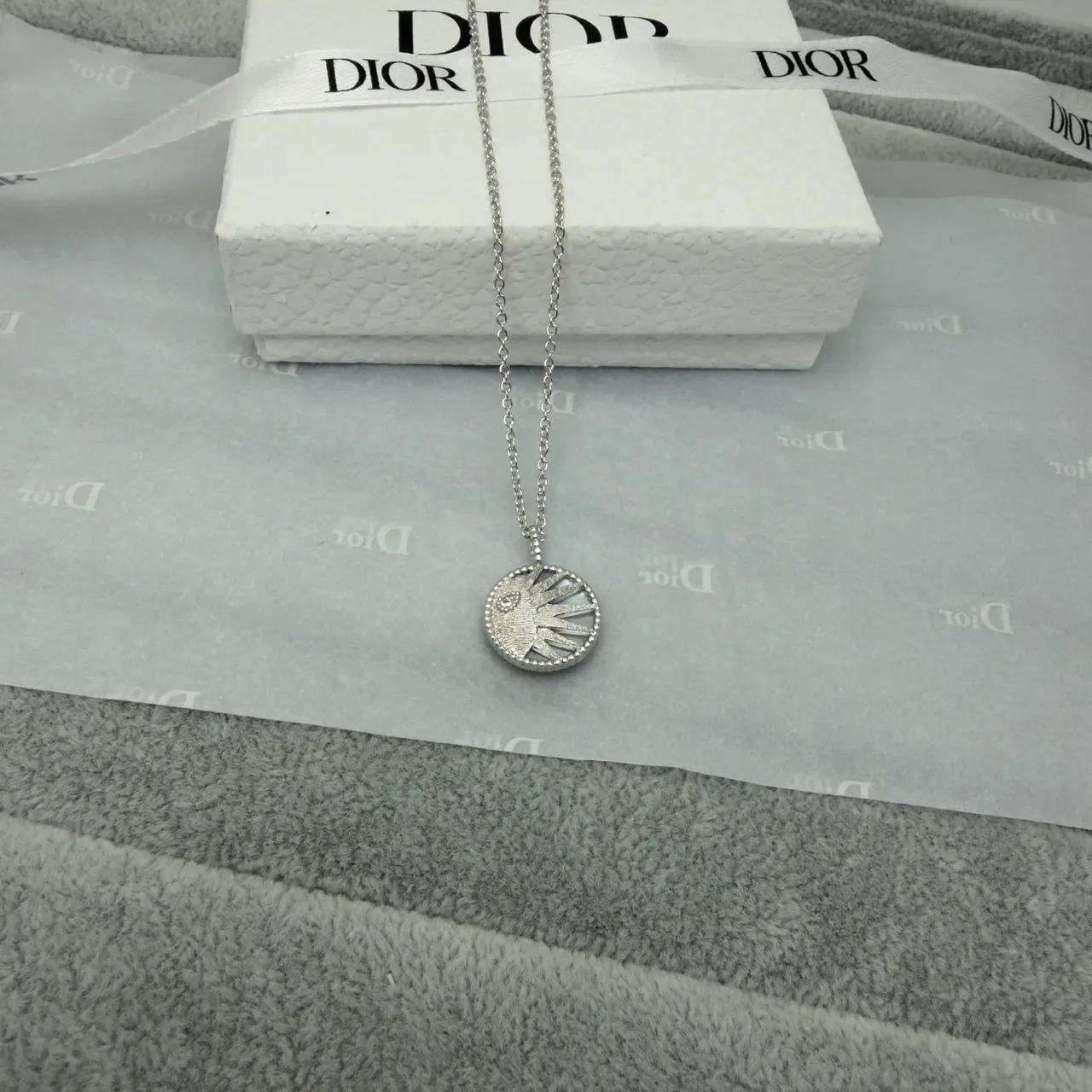 Dior Gold Silver Circular Sun/moon Motif Textured Radial Engraving Necklace 4