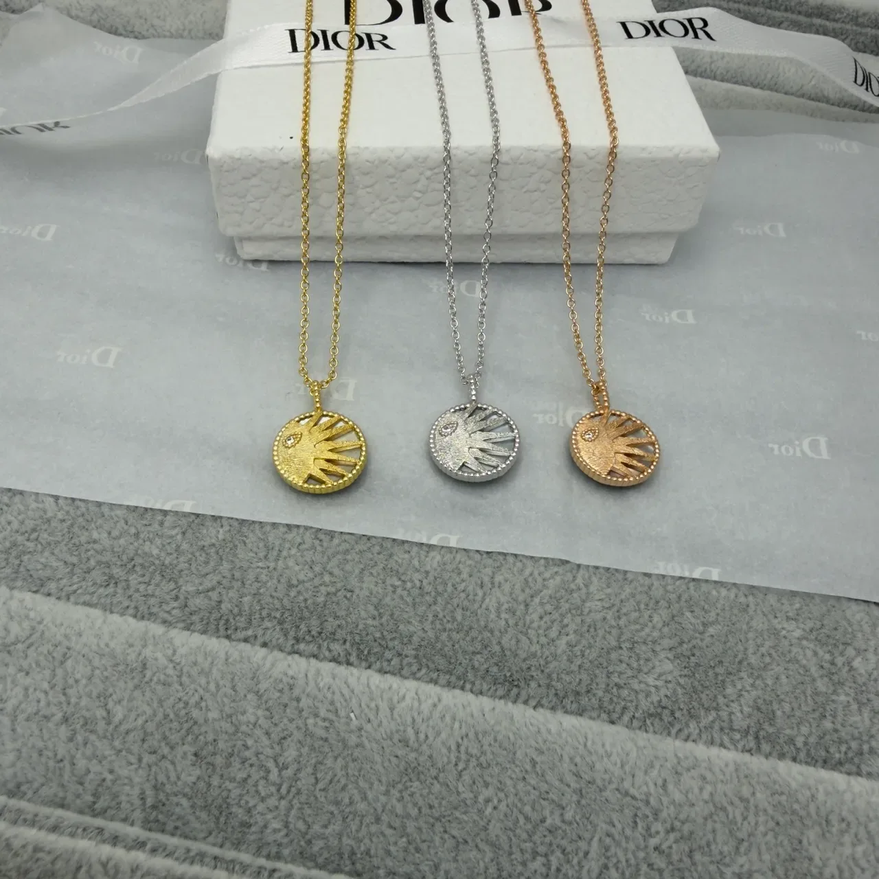 Dior Gold Silver Circular Sun/moon Motif Textured Radial Engraving Necklace 5