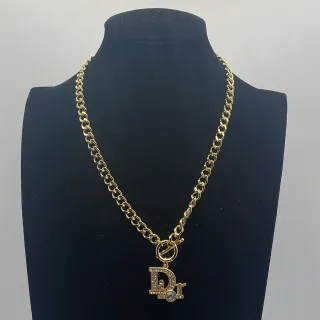 Dior Chaîne Curb en Or et Argent Ornée de Cristaux Colgante Monogramme