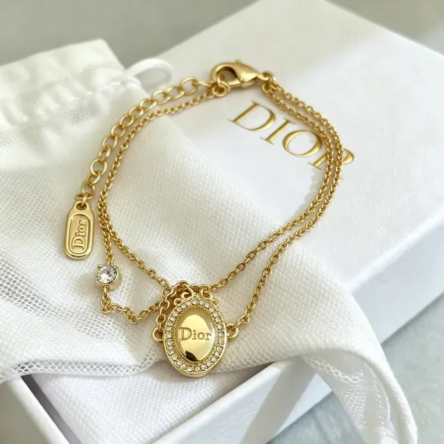 Dior Gold Silver Double-Chain Oval Medallion Pendant Bracelet 5