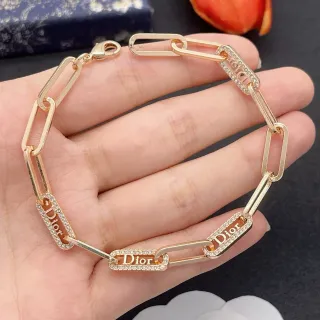 Dior Gold Silver Paperclip Chain Crystal-Encrusted Logo Plaques Bracelet