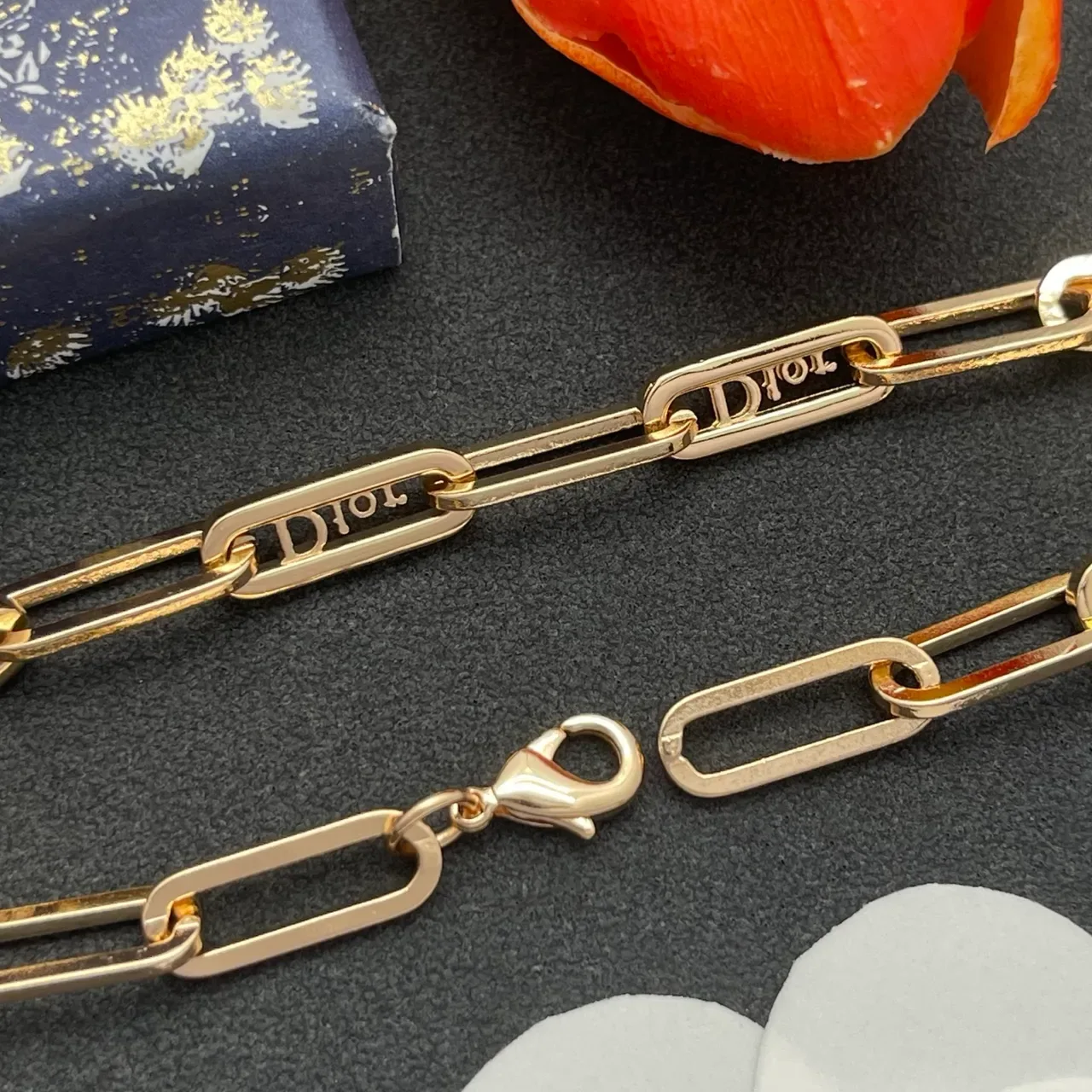 Dior Gold Silver Paperclip Chain Crystal-Encrusted Logo Plaques Bracelet 3