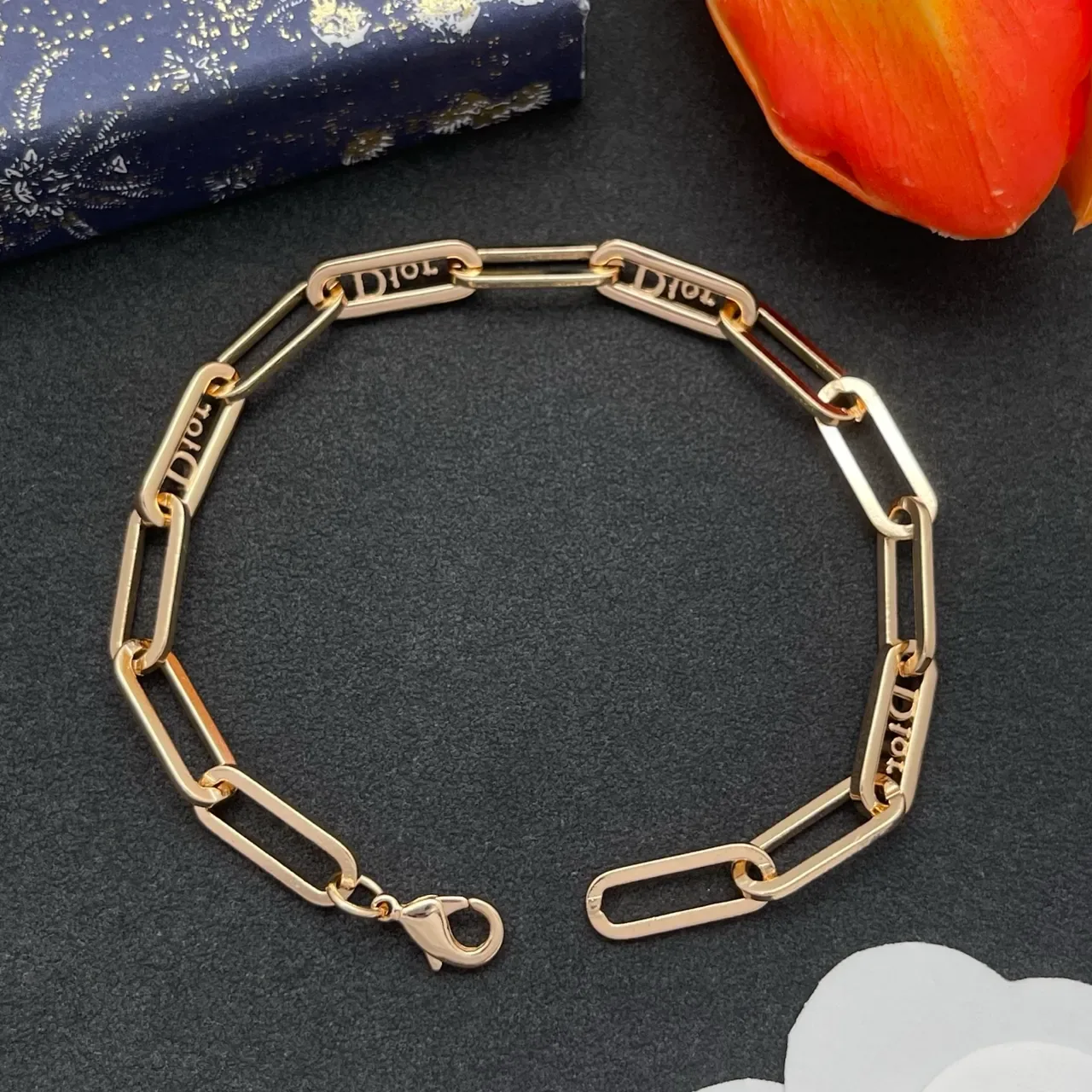 Dior Gold Silver Paperclip Chain Crystal-Encrusted Logo Plaques Bracelet 4