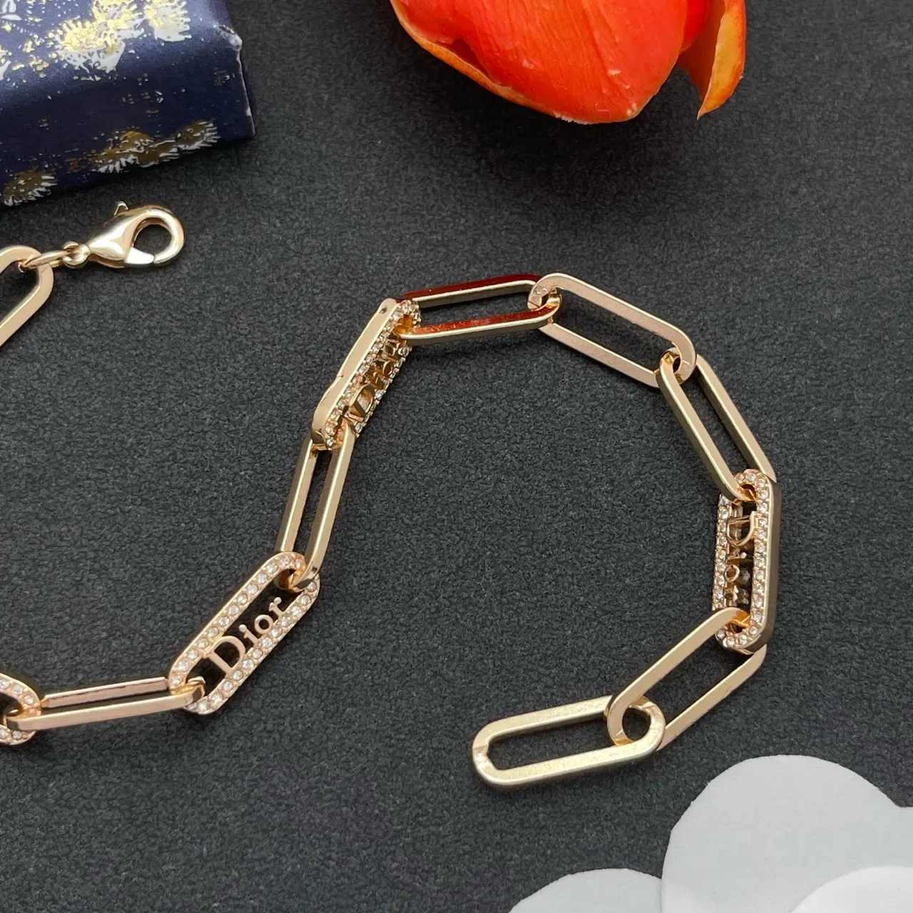 Dior Gold Silver Paperclip Chain Crystal-Encrusted Logo Plaques Bracelet 5