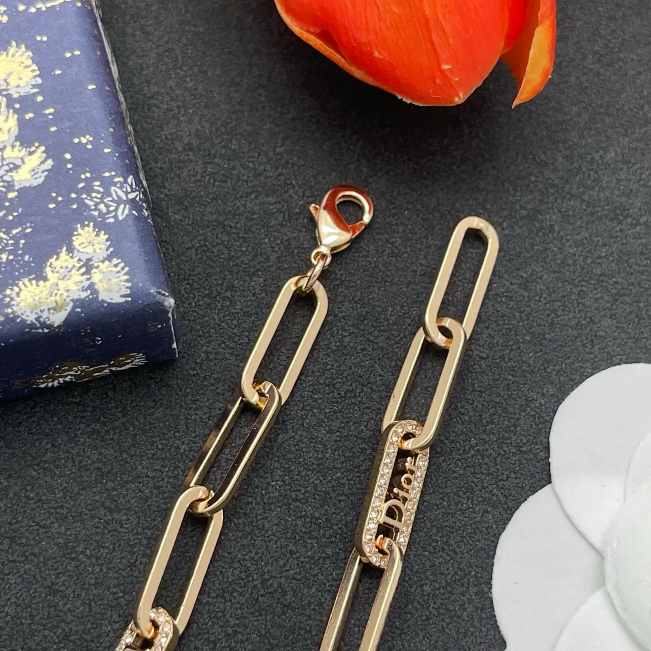Dior Gold Silver Paperclip Chain Crystal-Encrusted Logo Plaques Bracelet 6