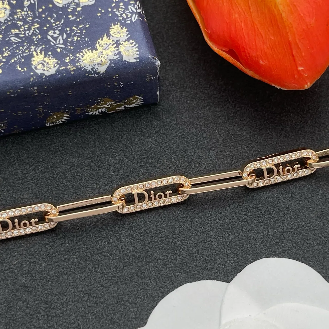 Dior Gold Silver Paperclip Chain Crystal-Encrusted Logo Plaques Bracelet 7