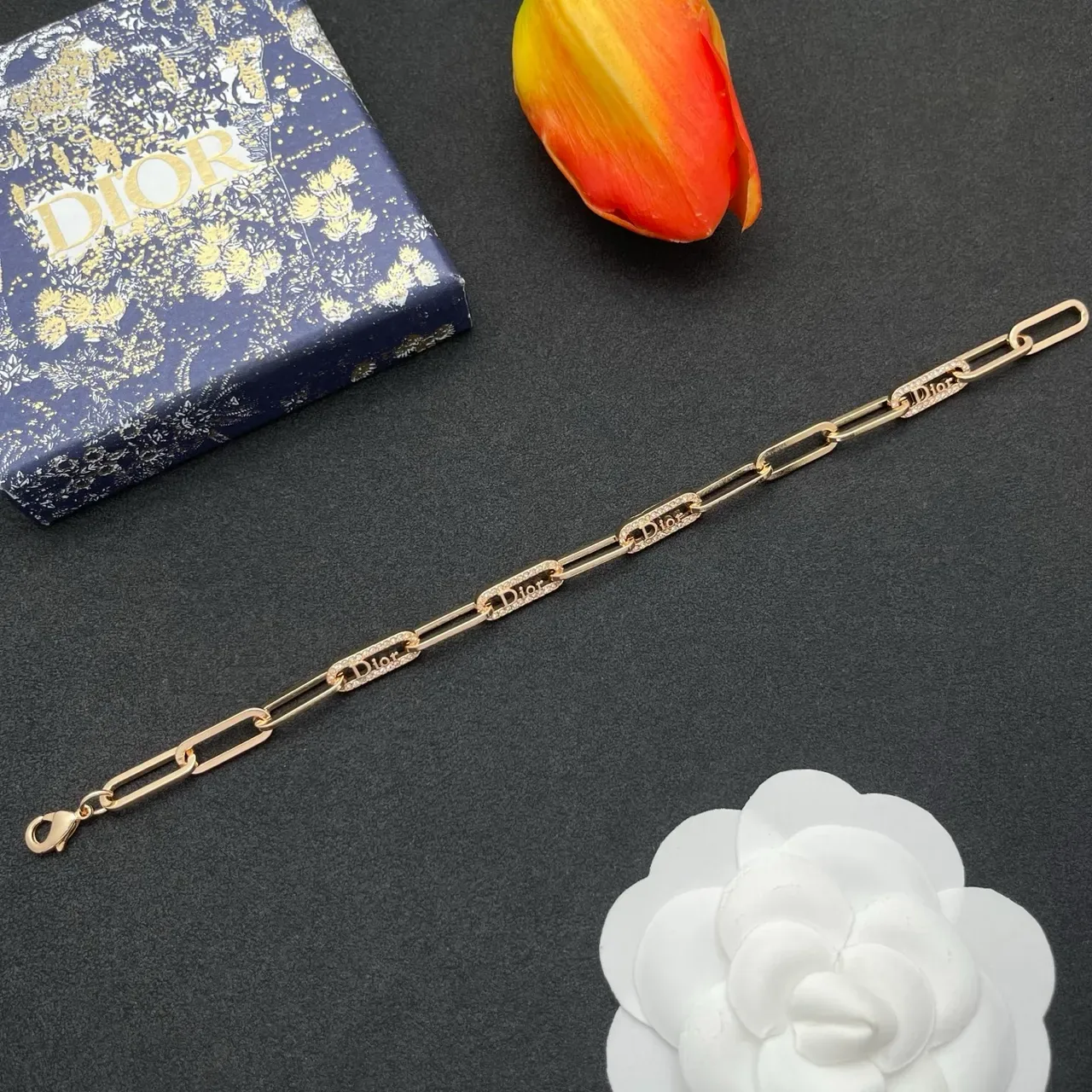 Dior Gold Silver Paperclip Chain Crystal-Encrusted Logo Plaques Bracelet 8