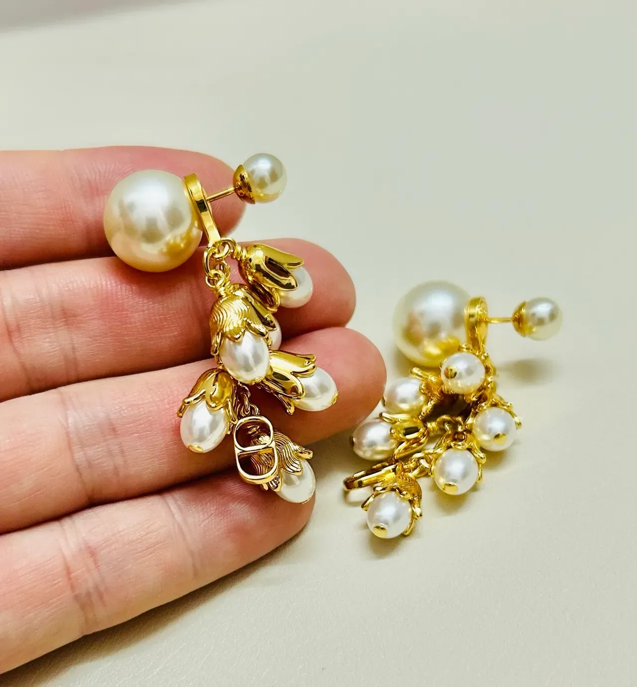 Dior Gold-Tone Floral Pearl Drop Earrings 2