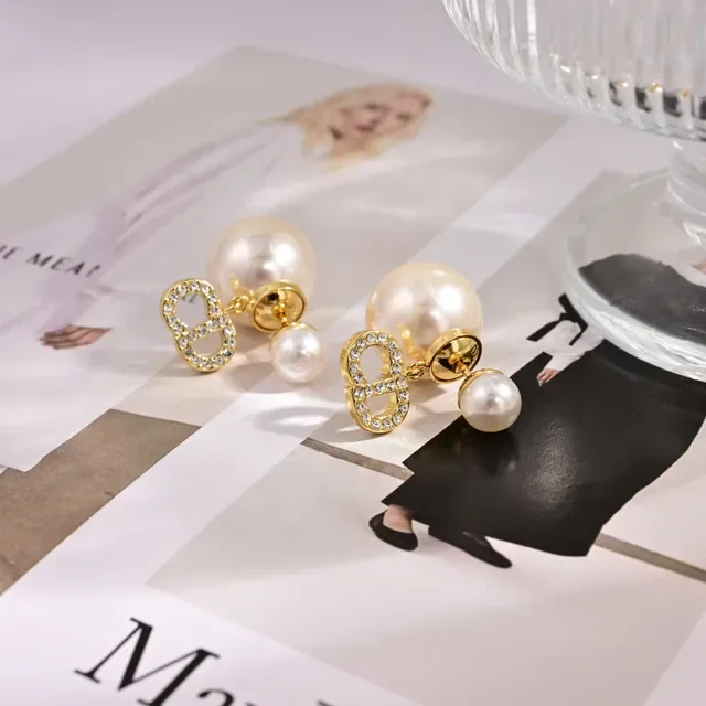 Dior Gold White Pearl Stud Crystal-Encrusted CD Logo Earrings 3