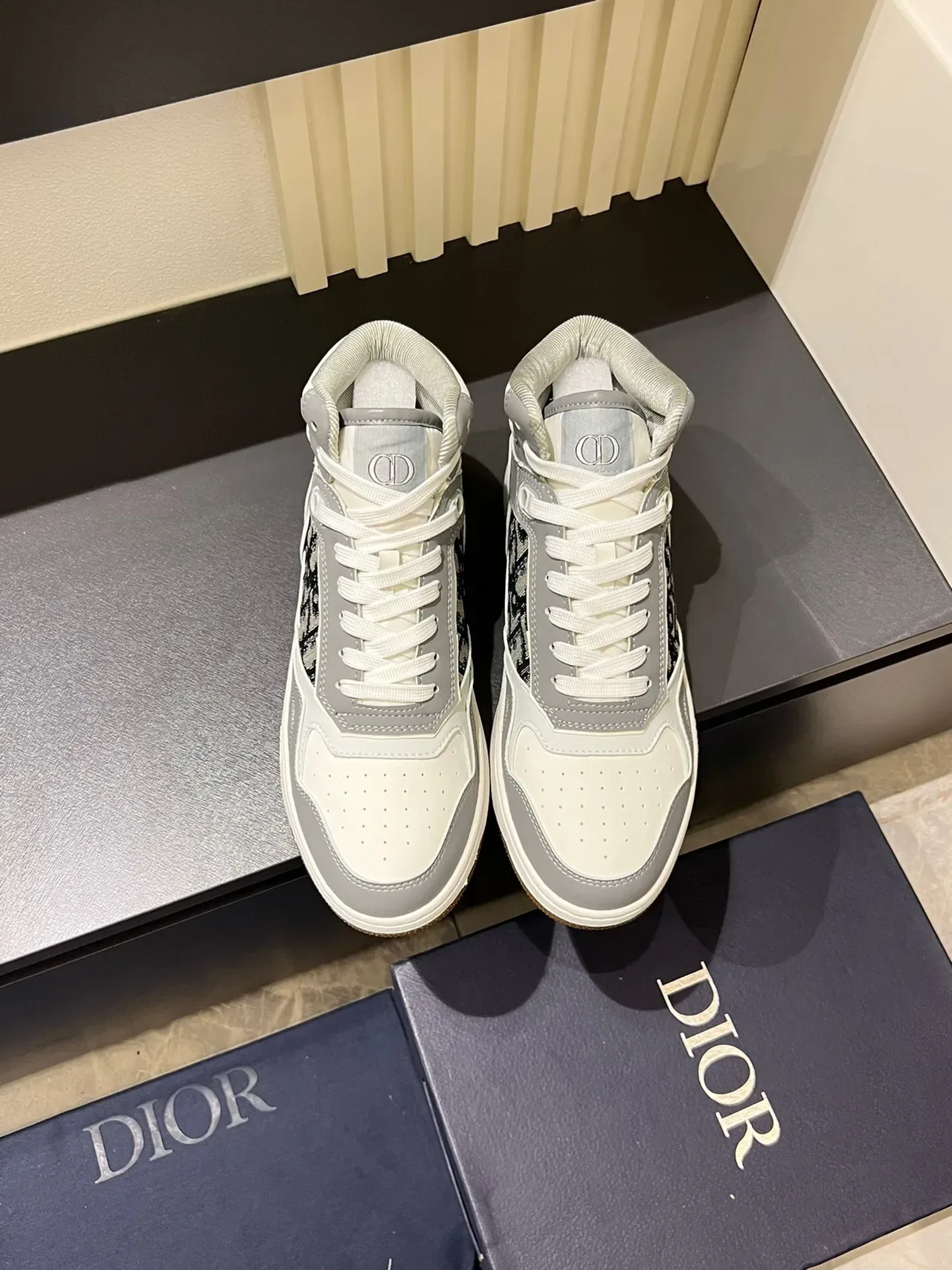 Dior Gris Blanc High-Top Panneau Monogramme Chaussures Lifestyle 2