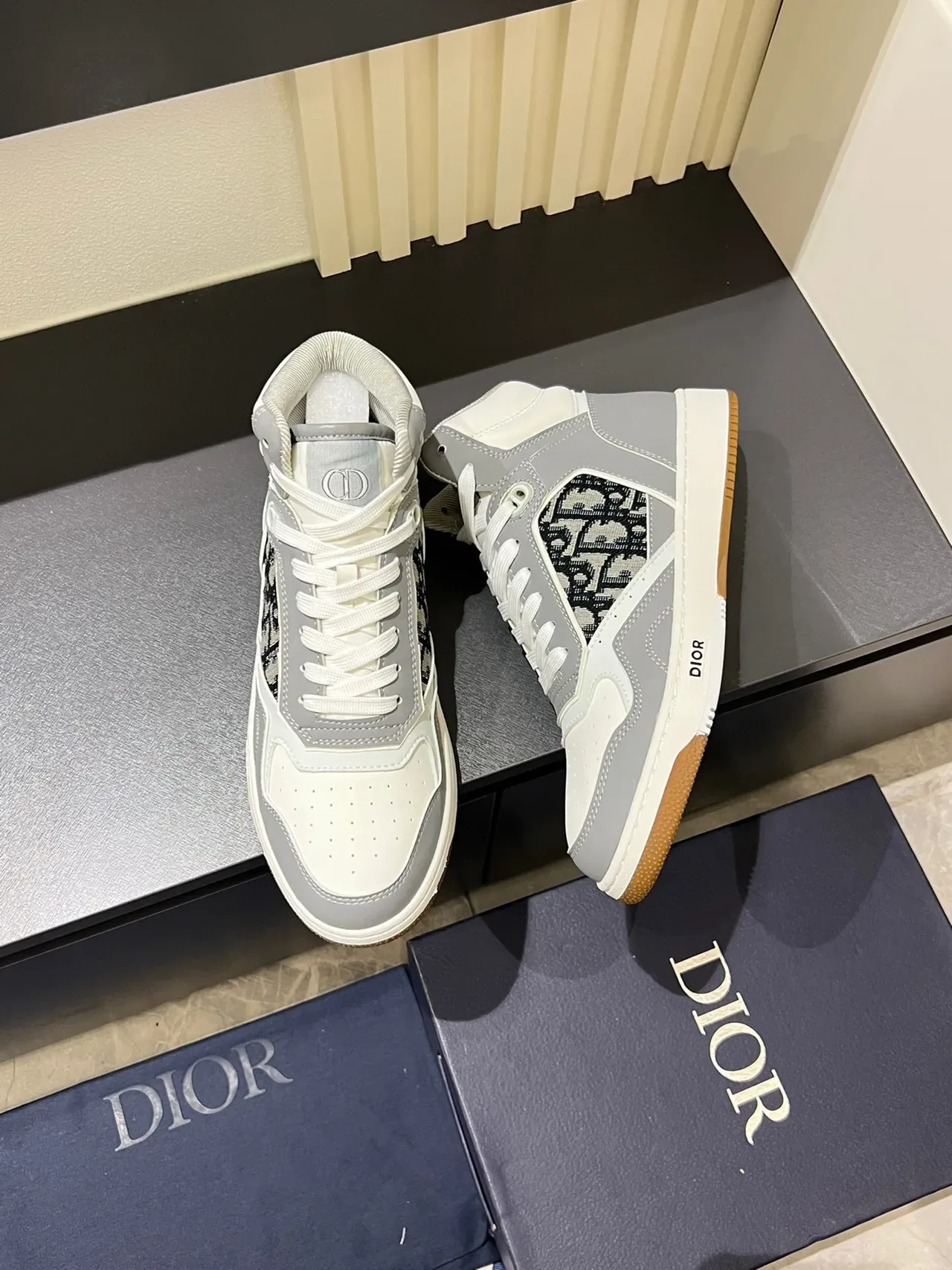 Dior Gris Blanc High-Top Panneau Monogramme Chaussures Lifestyle 5