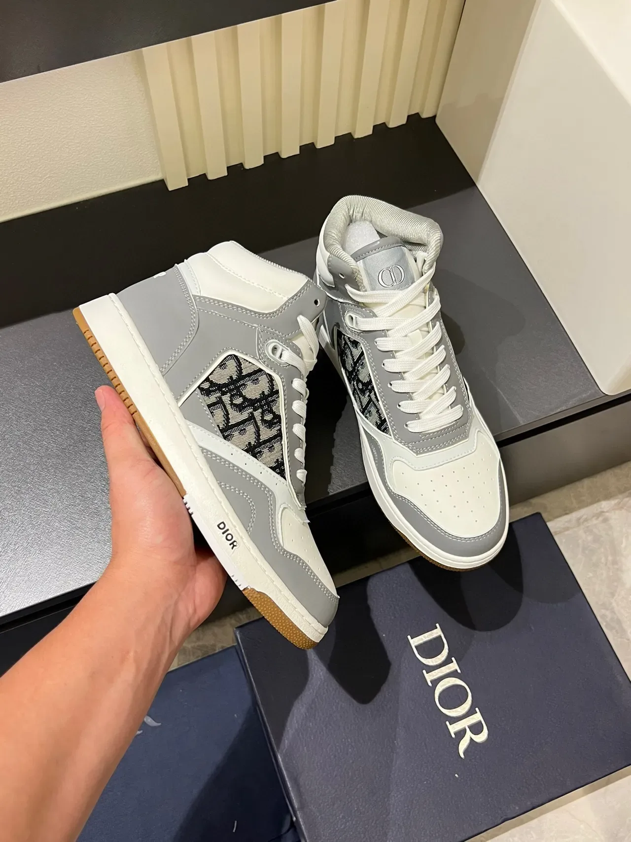 Dior Gris Blanc High-Top Panneau Monogramme Chaussures Lifestyle 6
