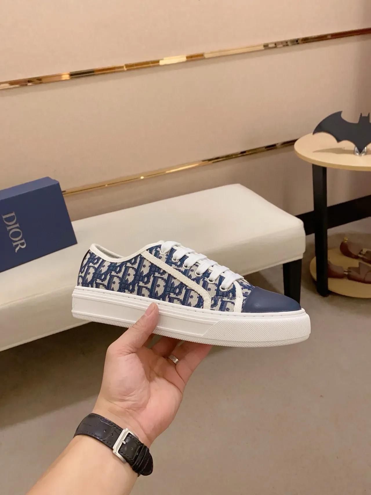 Dior Navy Beige Monogrammed Textile Upper Toe Cap Lifestyle Sneakers 5