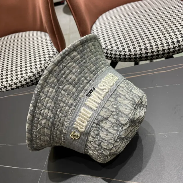 Dior Oblique Cinza Bege Monograma Jacquard Bordado em Alto Relevo Logo Faixa Chapéu de Balde 3