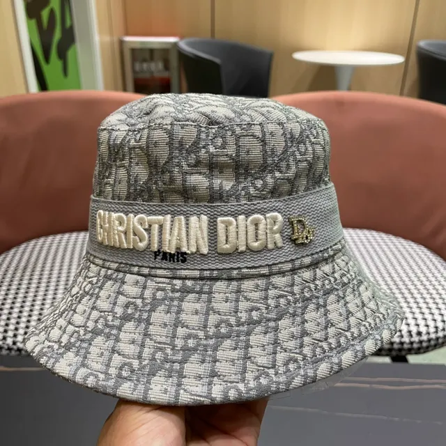 Dior Oblique Cinza Bege Monograma Jacquard Bordado em Alto Relevo Logo Faixa Chapéu de Balde 5