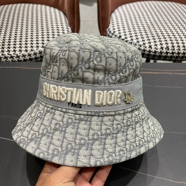 Dior Oblique Cinza Bege Monograma Jacquard Bordado em Alto Relevo Logo Faixa Chapéu de Balde 6