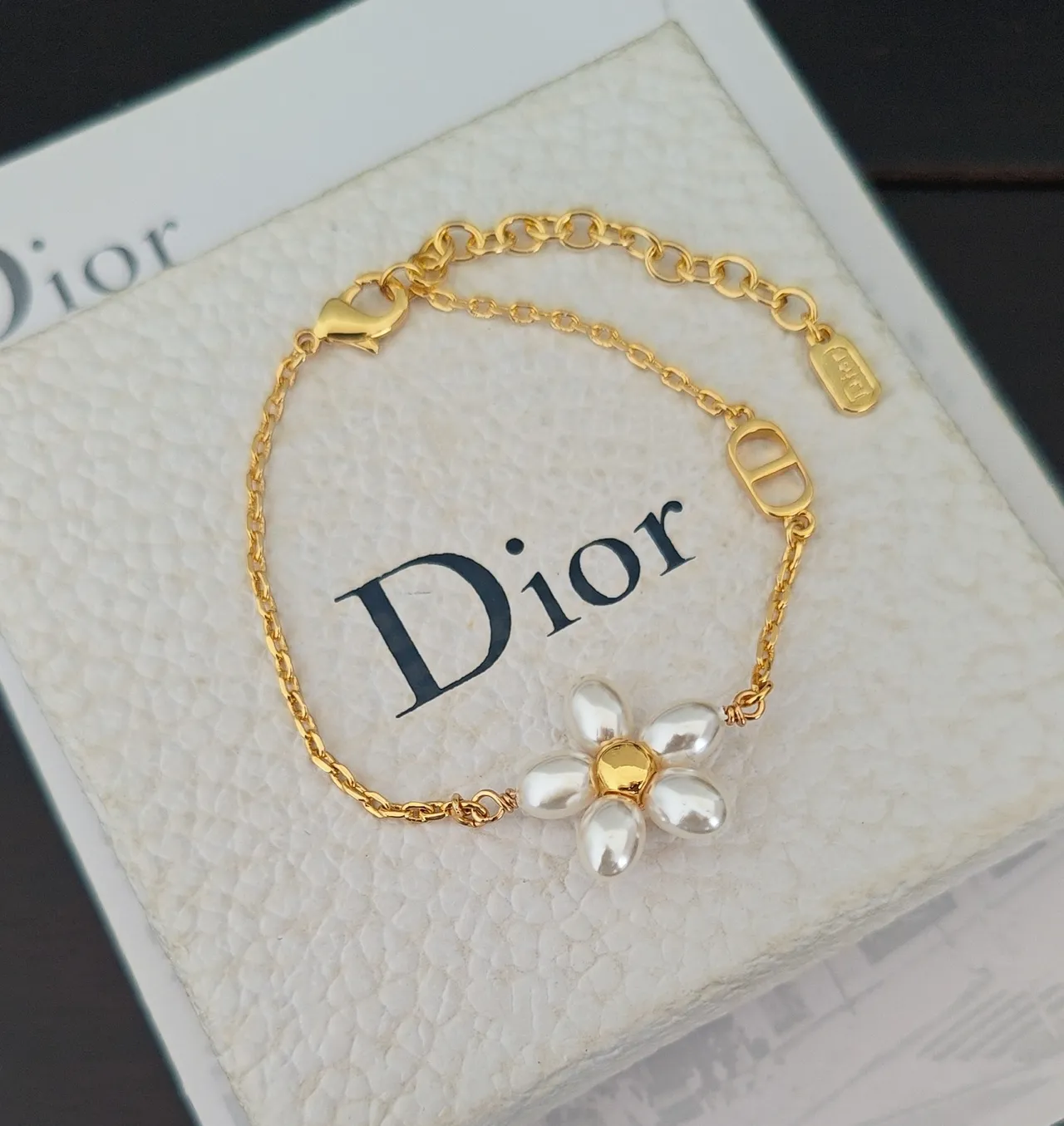 Dior Charme Fleur Perle Chaîne Doré Bracelet 2