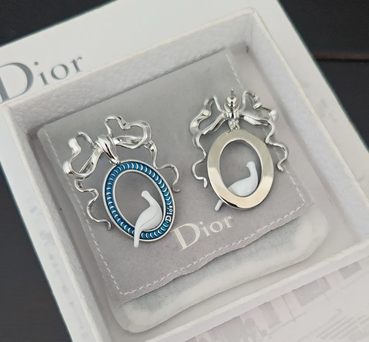 Dior Silver Blue Oval Enamel-Framed White Ceramic Dove Motif Earrings 2