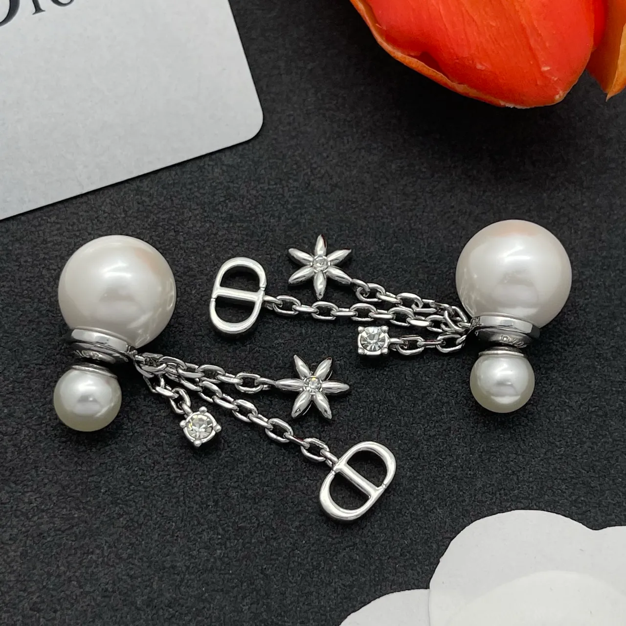 Dior Silver White Pearl-Stud Chain-Dangle Earrings 6
